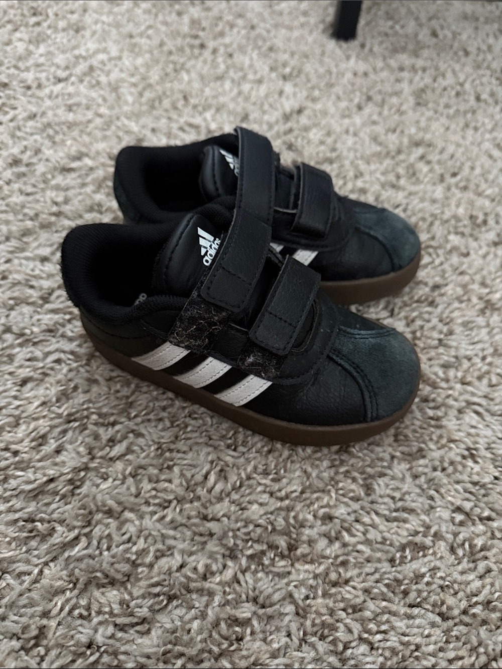 adidas Kids Black Sneakers with White Stripes and Brown Sole